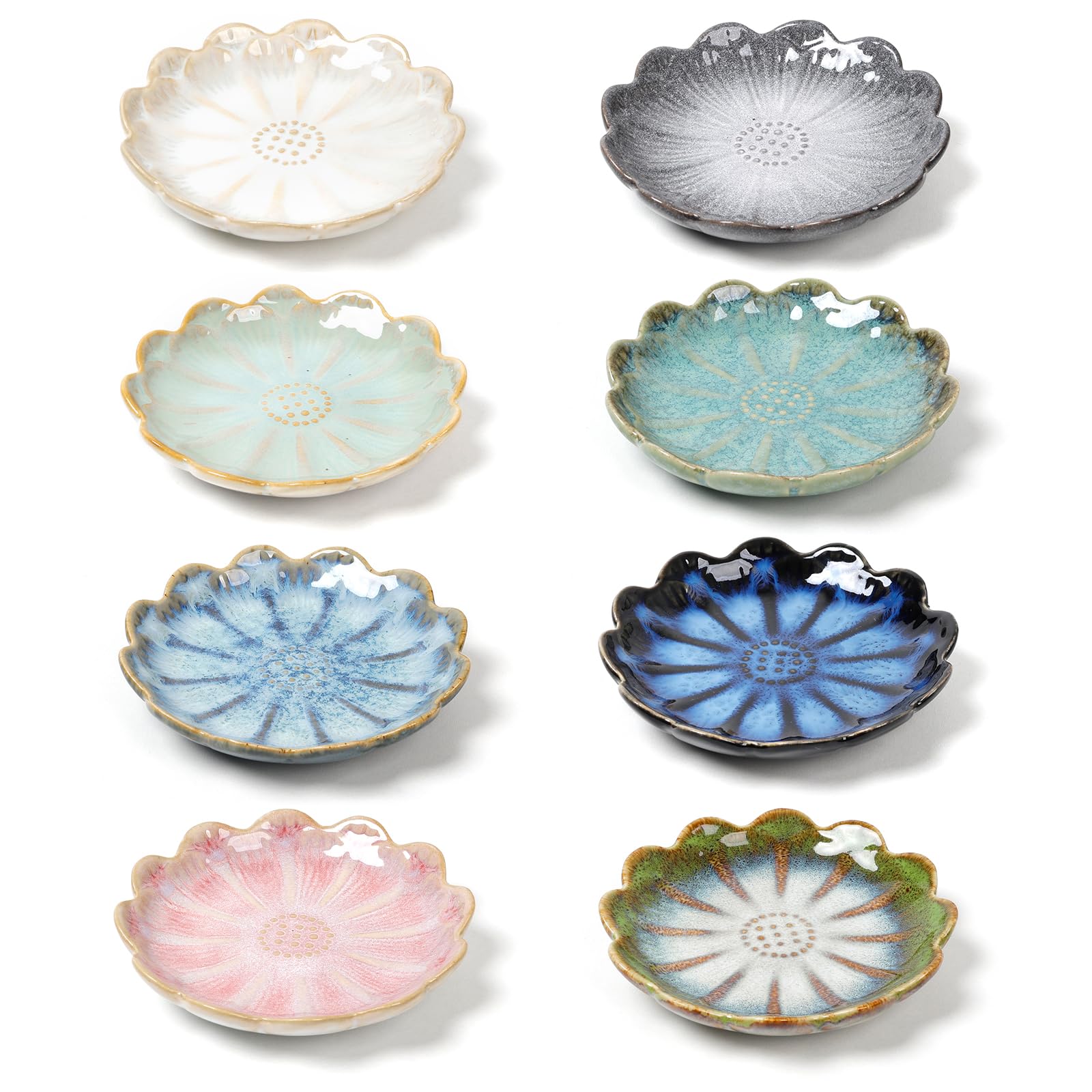 ZEBERBO Ceramic Dipping Bowls Set of 8, 3 oz Sauce Cups, Chrysanthemum Round Small Side Dish for Sushi, Tomato, Soy Sauce, Condiment Finger Bowls