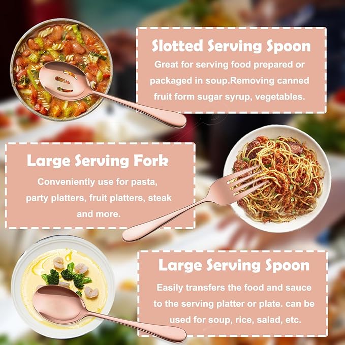 IAXSEE 11 PCS Serving Utensils, Large Stainless Steel Spoons Forks Tongs, Pie Server, Great for Hostess Buffet Catering Banquet Party, Rose Gold