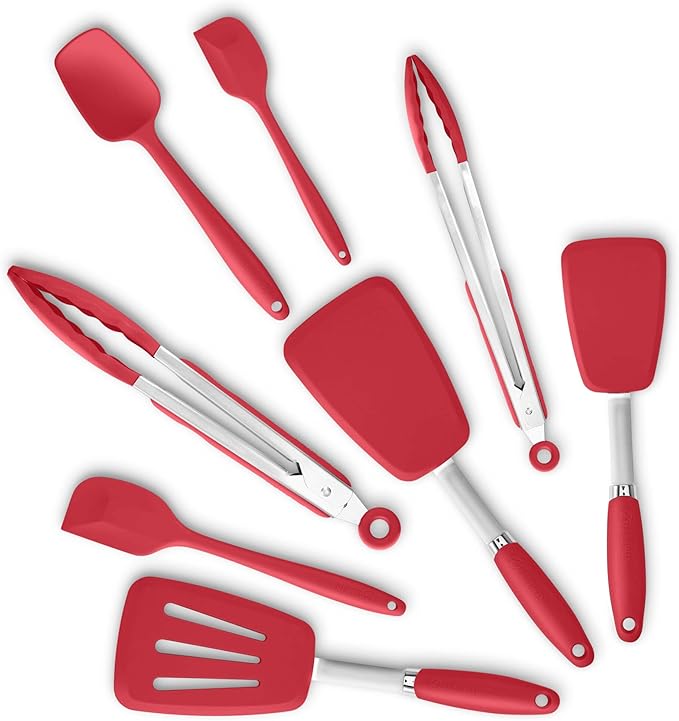 5-Piece Silicone Spatulas Set with Tongs, 446°F Heat Resistant, Red