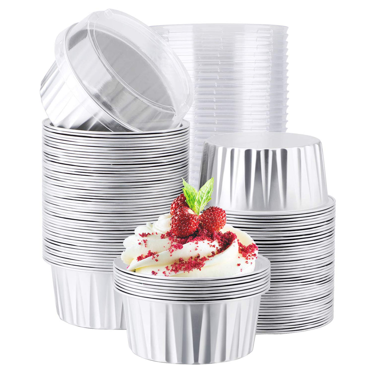EUSOAR Cupcake Liners for Baking, 50pcs 5oz Muffin Liners, Disposable Foil Ramekins, Dessert Containers, Aluminum Foil Baking Cupcake Cups Holders Pans with Lids 5 Colors Mixed