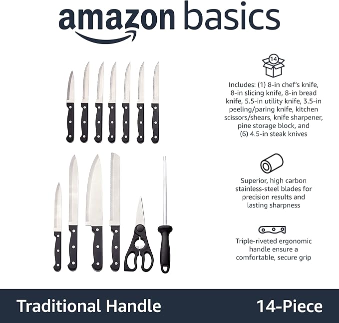 Amazon Basics 14-Piece High Carbon Stainless Steel Kitchen Knife Set with Full Tang Construction, Ergonomic Handles, Sharpener and Pinewood Block, Black