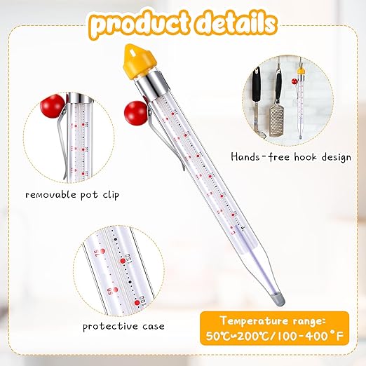 Photect Candy Thermometer with Pot Clip 8" Deep Fry Oil Thermometer for Candy Making Instant Read Cooking Food Thermograph Sugar Syrup Jam Jelly Oil Temperature Kitchen Accessories(Yellow,1 Pcs)