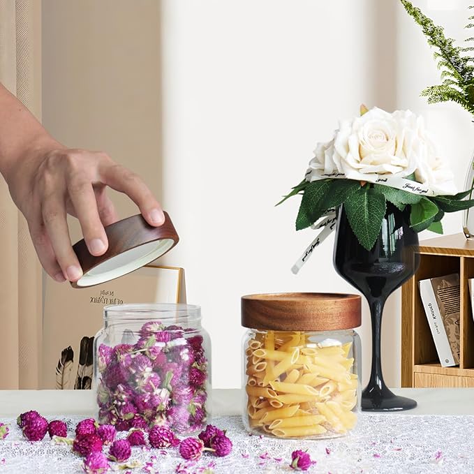 Patoper 16 oz Glass Jars with Acacia Wood Airtight Lids Spice Jar Herb Storage Canister with Wooden Lid Clear Glass Food Jar for Sugar Pantry Tea Coffee Bean Spice Cookies (500ml/16oz-2pack)