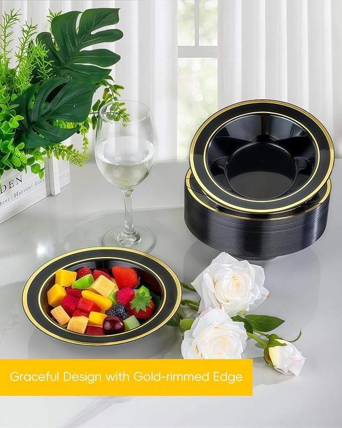 BESTSTAR 200 Pack Black Disposable Bowls with Gold Rim