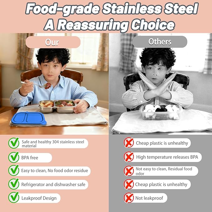 2 Pack Stainless Steel Snack Containers for Kids & Adults - Reusable 2 Compartment Snack Containers with Leakproof Silicone Lids, Divided Meal Prep Lunch Box Food Container for School, Office, Travel