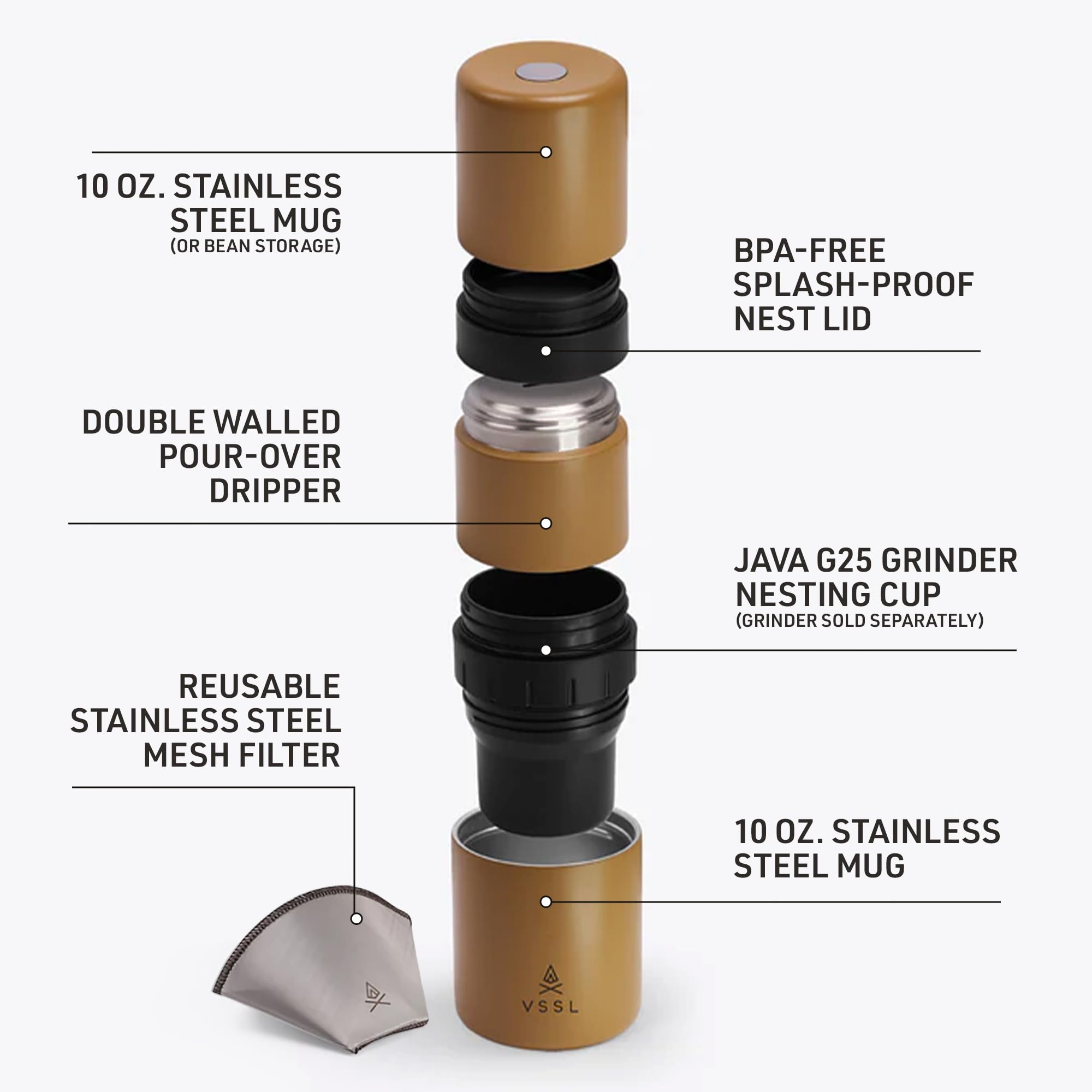 VSSL - Nest Pour Over Coffee Kit | Coffee Maker for Camping | All-In-One Travel Pour Over | Transportable Dripper, Two 10oz Stainless Steel Travel Mugs | Compact Storage & Adventure Ready | Sahara
