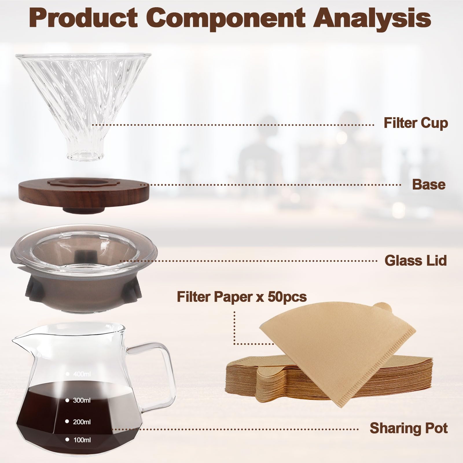 DITOSH Pour Over Coffee Maker 13.5oz Portable Glass Coffee Maker High Borosilicate Glass Eagle Beak Spout Design with 50 Pcs Filter Paper Walnut Wood Base for Pour Over for Daily Brewing 400ml