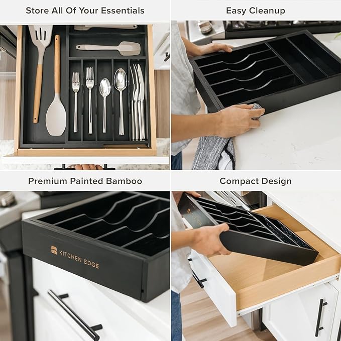 KitchenEdge Silverware & Utensil Drawer Organizer, 10.5-19 in, Black Bamboo