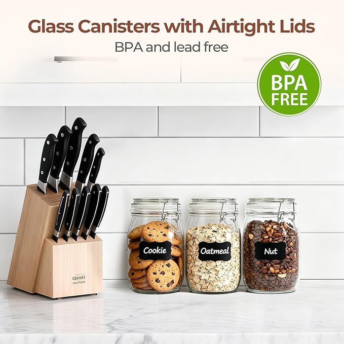 ComSaf Round Glass Jars with Airtight Lids 34 oz 3 Pack Apothecary Coffee