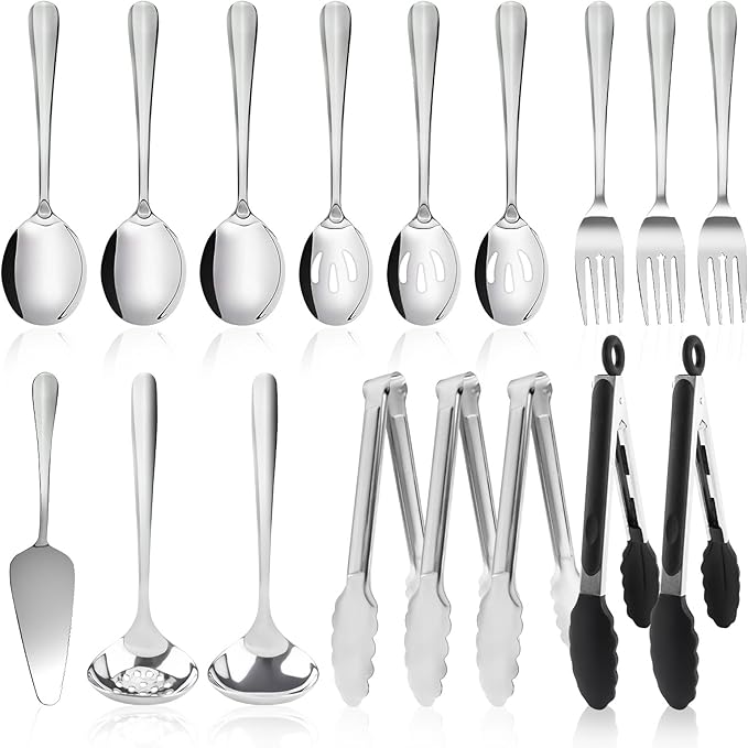 17PCS Serving Spoons and Utensils Set, Stainless Steel Serveware Silver