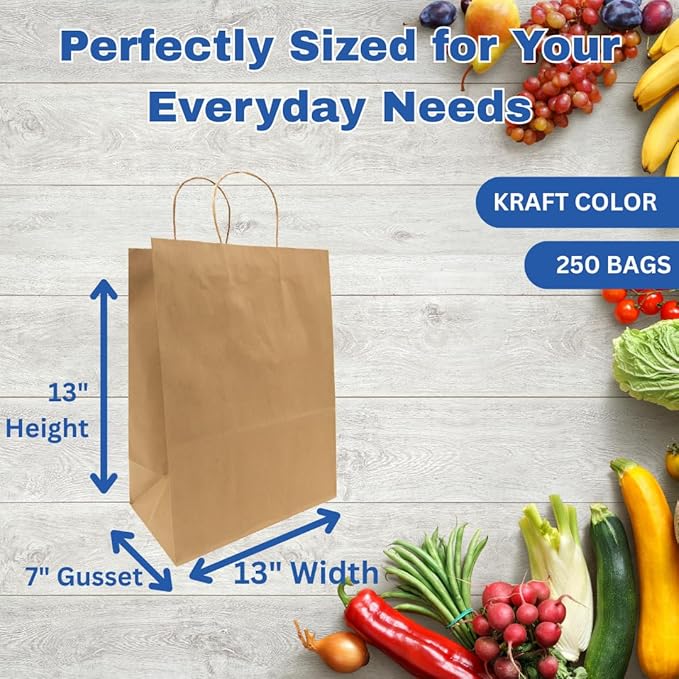 ASSUREPAK Kraft DIY Paper Bags, 13" x 7" x 13", 110 GSM, 250 Count