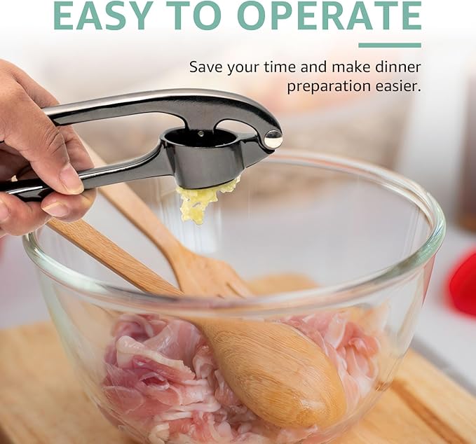 Garlic Press Crusher & Mincer – Easy Squeeze Ergonomic Handle, Heavy Duty Zinc Alloy, Dishwasher Safe, Includes Peeler & Cleaning Brush – Garlic Ginger Crusher Tool (Black)