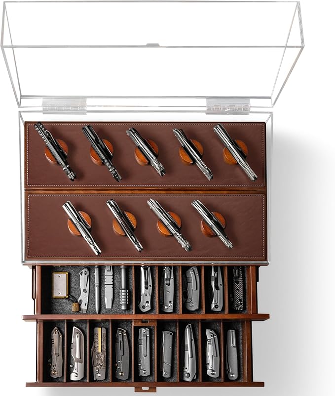 Holme & Hadfield 50 Knife Wooden Pocket Knife Display Case with 2 Drawers