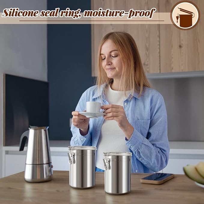 Lallisa 3 Pcs Stainless Steel Kitchen Canister 62 fl oz with Airtight Clear Clamp Lid, Metal Food Storage Container Set for Coffee Bean Ground Coffee Flour Sugar Spice Tea Cereal Snack Candy Pantry
