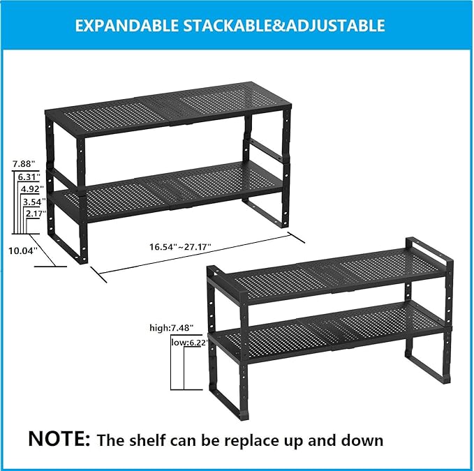 Wobmmi Expandable,Adjustable & Stackable Spice Rack, Cabinet Kitchen Countertop Shelf Organizer,Metal Pantry Storage Shelves - Space-Saving Storage Solution(2Packs/Black/Large)