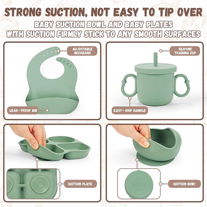 MIICASA Silicone Baby Feeding Set, Baby Led Weaning Supplies, Baby Food Tableware Silicone Suction Plate, Bowl, Spoons, Fork, Waterproof Bib, Cup & Complementary Food Cake Mold, Baby Eating Utensils