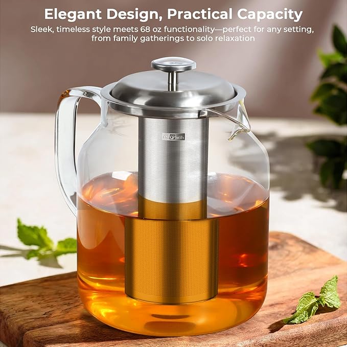 Aquach 68oz Glass Teapot with Thermometer, Stovetop Safe Tea Pot