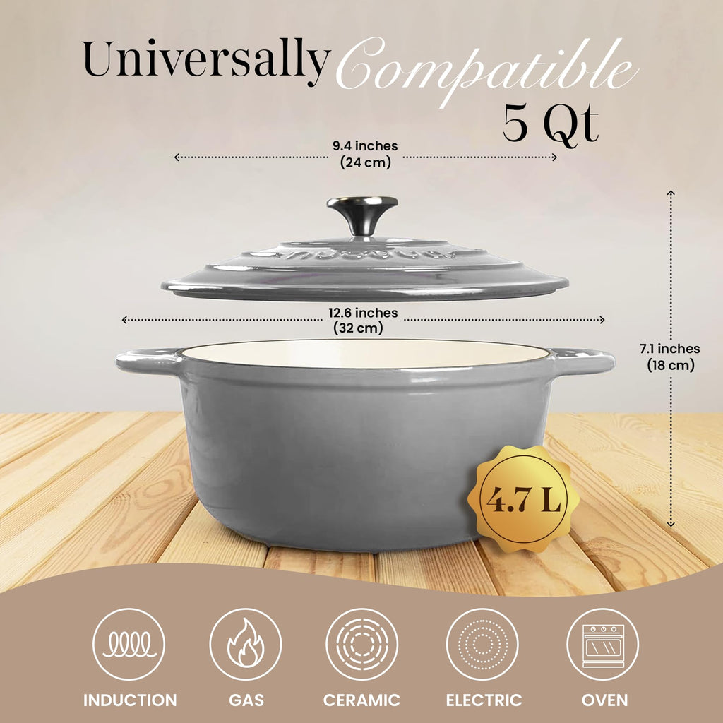 Cast Iron Pot with Lid-Non-Stick Ovenproof Enamelled Casserole Pot, Oven Safe up to 500° F-Sturdy Dutch Oven Cookware - Grey, 5-Quart, 24cm-by Nuovva