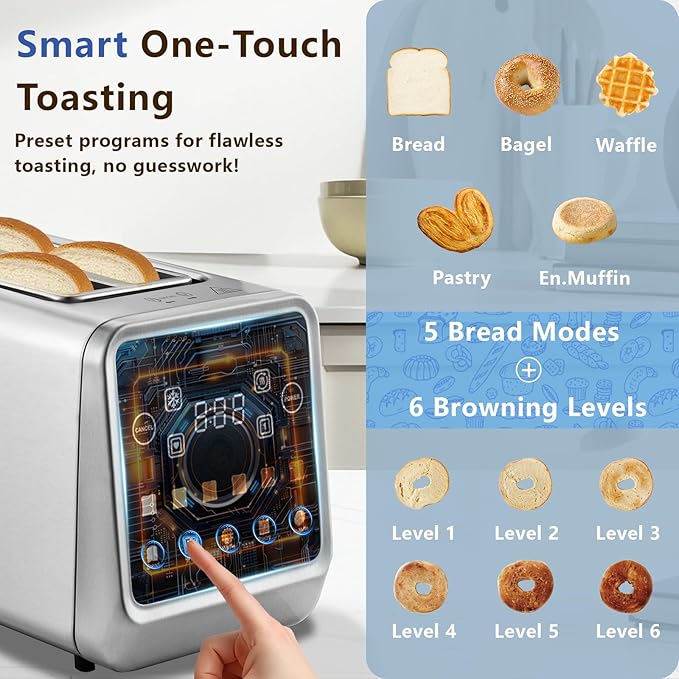 SAKAMOSH 4 Slice Long Slot Touch Screen Toaster, Stainless Steel