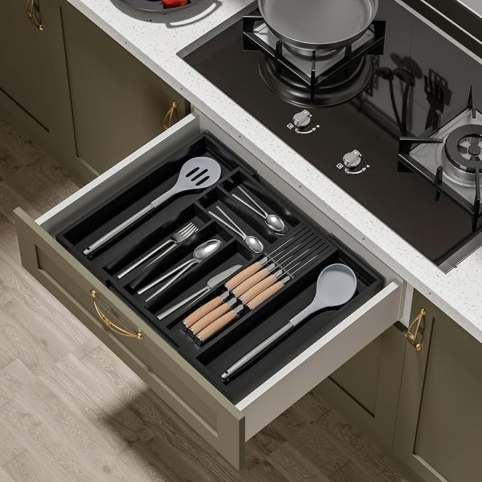 TIOPGHAD Expandable Bamboo Silverware Drawer Organizer Kitchen Tray, Black