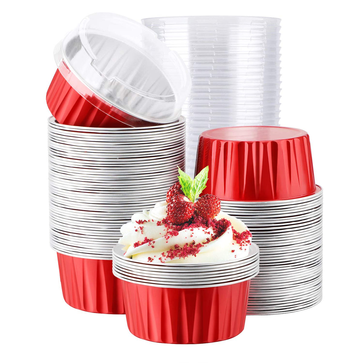 EUSOAR Cupcake Liners for Baking, 50pcs 5oz Muffin Liners, Disposable Foil Ramekins, Dessert Containers, Aluminum Foil Baking Cupcake Cups Holders Pans with Lids 5 Colors Mixed