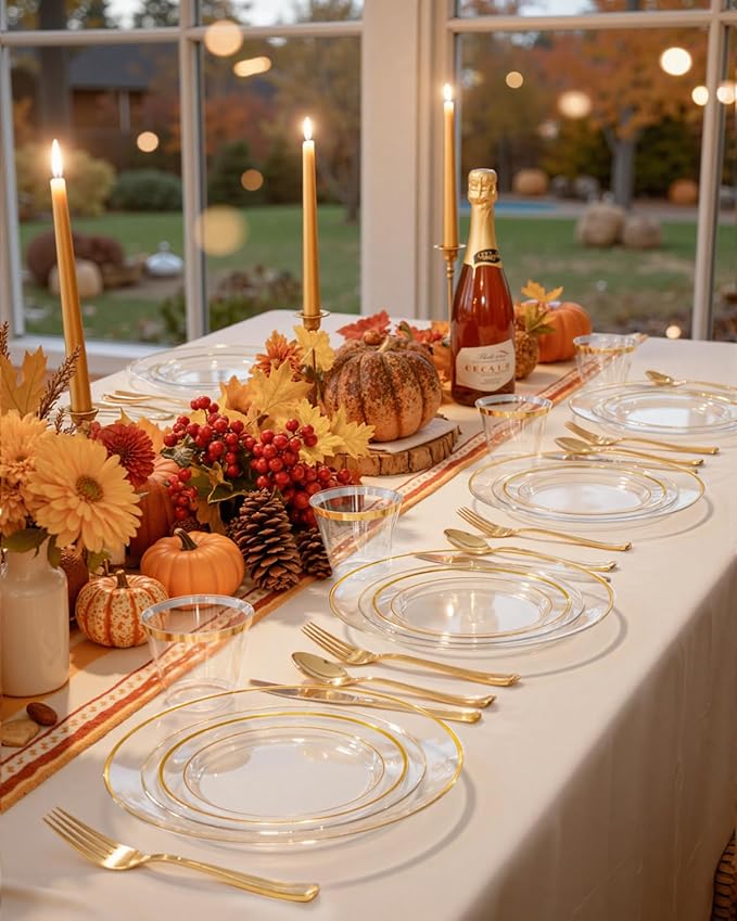 bUCLA 600PCS Clear Plates with Gold Trim - Clear Gold Dinnerware Set Disposable Include 100 Dinner/100 Dessert Plates, 100 Knives, 100 Forks, 100 Spoons, 100 Cups for Wedding, Party