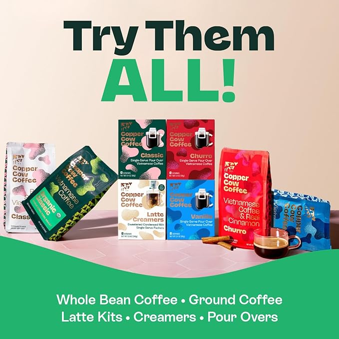 Copper Cow Coffee Premium Pour Over Single-Serve Vietnamese Coffee Pouches (24 pack) | Vanilla | Dark Roast | Flavored with Vanilla Beans | Convenient Vietnamese Ground Coffee Packets, Travel Friendly