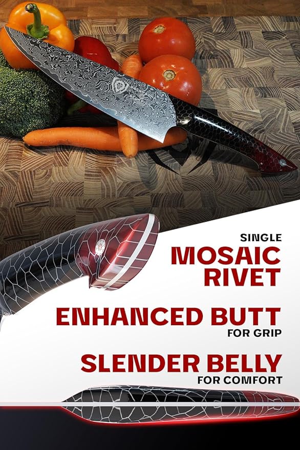 Dalstrong 8" Chef Knife — AUS-12V Steel, 66+ HRC Hardest Build — For Daily Precision Cooking & Dark Kitchen Builds — Black Damascus, Honeycomb Handle, Scorpion ELITE, customer support