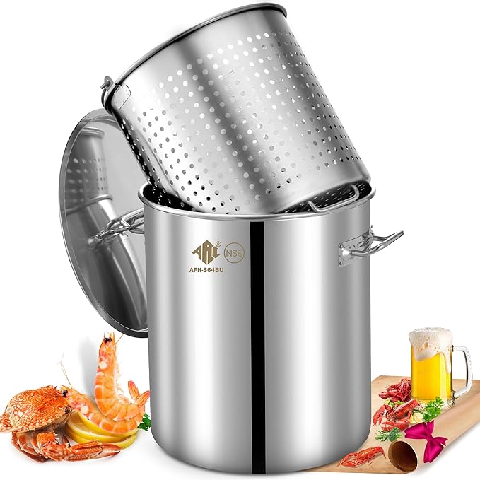 ARC 84QT Stainless Steel Seafood Boil Pot with Basket and Two Brown Paper