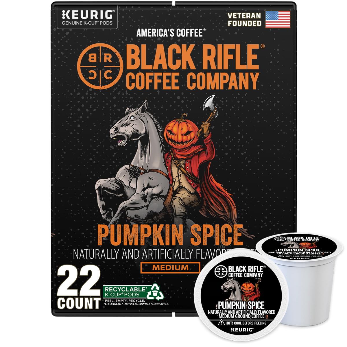 Black Rifle Coffee Company Pumpkin Spice, 22 Count, Medium Roast K Cups - Single Serve K Cups Coffee Pods - Kcup Pods Compatible with all Keurig machines - Made from Arabica Beans