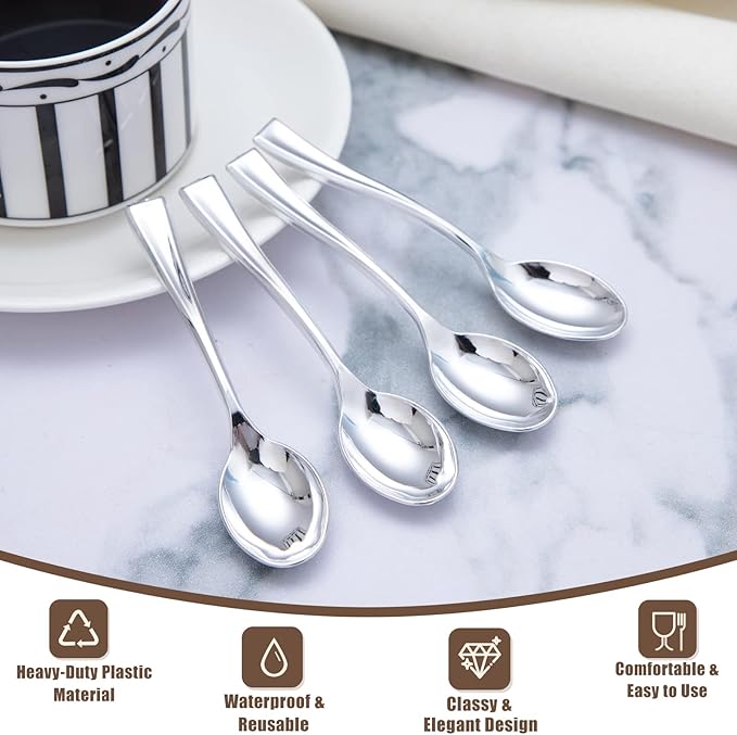 WDF 300 Pieces Plastic Silver Mini Spoons - 4 Inches Silver Plastic Tasting Spoons for Desserts, Heavy Duty Disposable Spoons Perfect for Coffee, Cake, Desserts, Appetizers for Wedding Spring Party