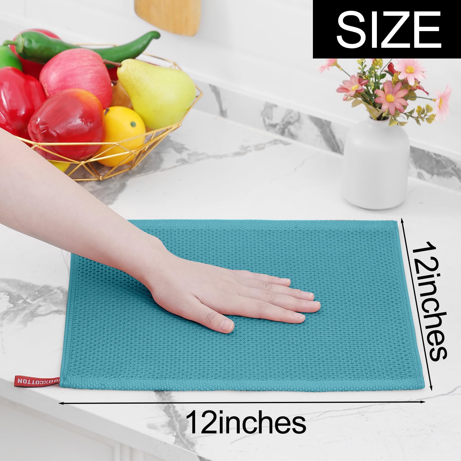 Homaxy 100% Cotton Waffle Weave Kitchen Dish Cloths, Ultra Soft Absorbent Quick Drying Dish Towels, 12 x 12 Inches, 6-Pack, Lake Blue