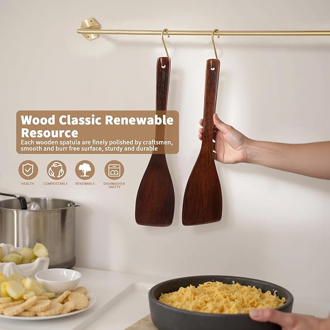 Wooden Spatula for Cooking, Long Handle Wood Spatulas for Non Stick Frying Pan, Right Hand Wood Turner for Cooking Kitchen Cookware