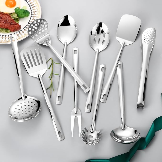 Lazycorner Kitchen Utensils Set, 11pcs Stainless Steel Cooking Utensils Set with Holder – Includes Turners, Potato Masher, Spatula, Spoons, Pasta Server, Tongs, Soup Ladle, Serving Spoon