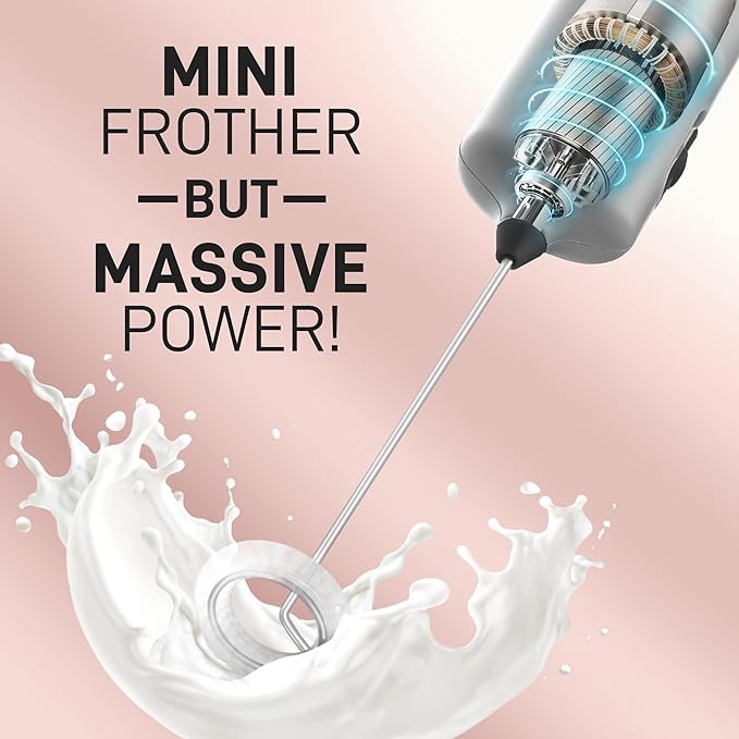Mini & Mighty Milk Frother Wand – Powerful Handheld Coffee Frother, Battery Operated Drink Mixer – Compact Pocket Size – Detachable Whisk for Latte, Cappuccino, Matcha, Hot Chocolate