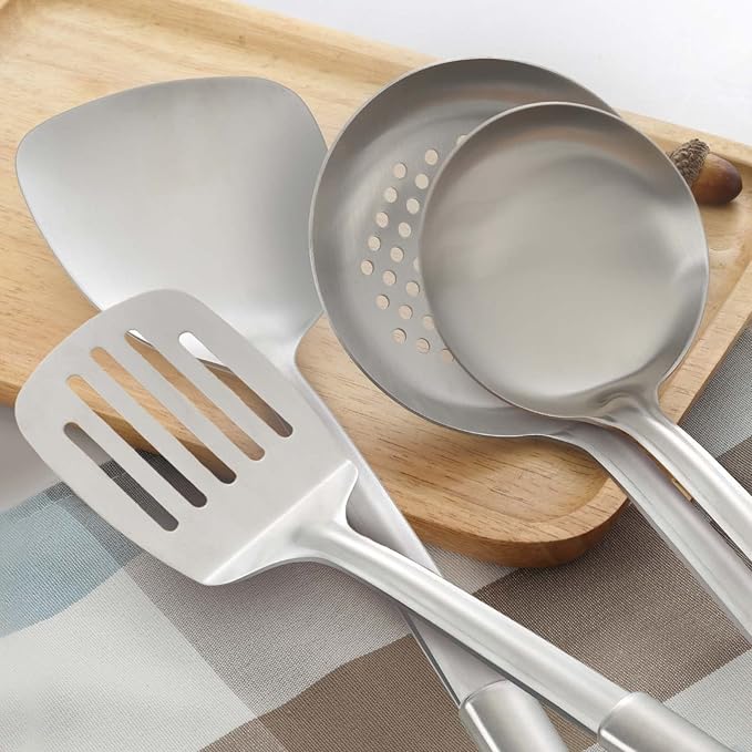 Pleafind Cooking Utensils Set - 4 Pcs Stainless Steel Kitchen Utensils Set with Solid Turner, Slotted Turner, Serving Ladle, Slotted Spoon, Wok Utensils Set with Heat Resistant Handle, Dishwasher Safe