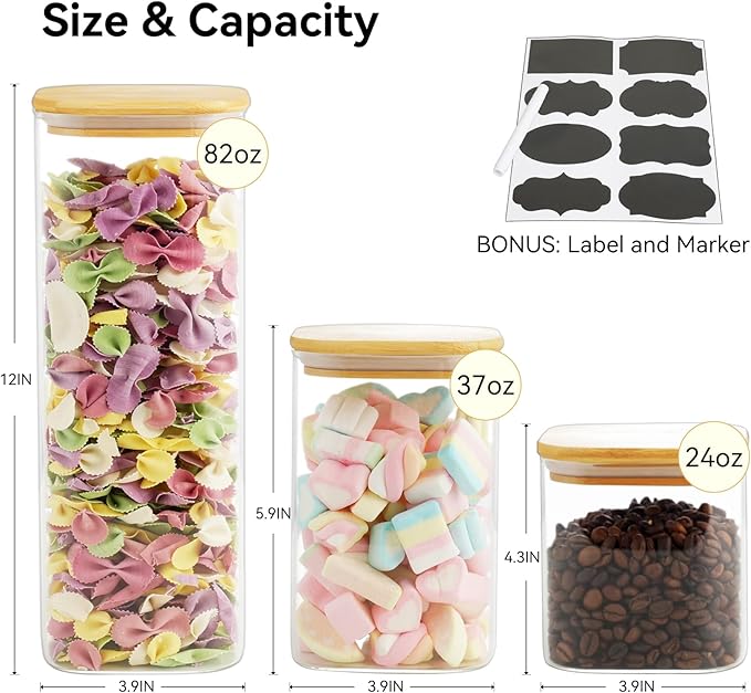 Glass Spaghetti Pasta Storage Container - 5 Pack Airtight Food Storage Jar Set with Bamboo Lid Labels - Square Kitchen Pantry Canister Organizers for Cookies Candy Coffee Bean Sugar Tea Spice Flour