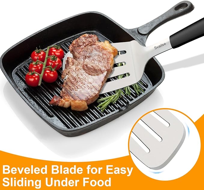Svailse 13.4 in Stainless Steel Spatula Set of 2, Heavy Duty Solid & Slotted Metal Spatula with Silicone Handle for Cast Iron Skillet, Egg, Burger and Grilling, Large