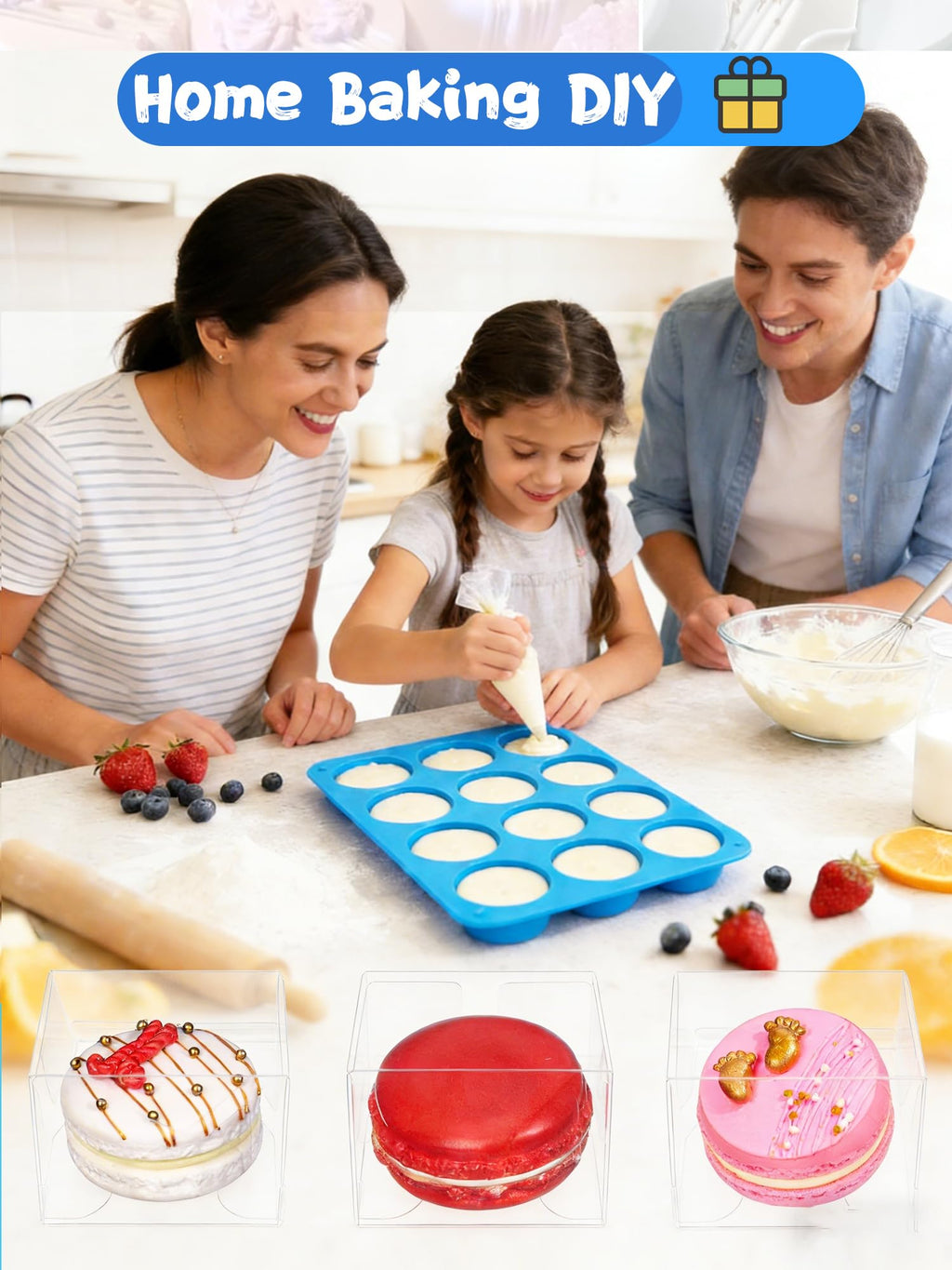 3 Pcs Round Chocolate Cookie Molds Set,12-Cavity Silicone Mold with 30 Clear Treat Boxes, Round Baking Mold for Candy, Mini Cake, Individually Wrapped Cakesicle Party Favor Packaging