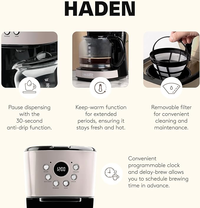 HADEN 12-Cup Programmable Coffee Maker for Home or Office, Putty & Chrome – Drip Brewer Machine with Brew Strength, Delay Brewing, Auto Shut-Off and Reusable Washable Water Filter