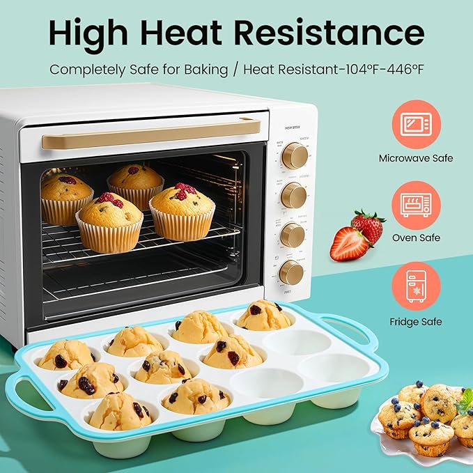 Fimary Silicone Muffin Pans for Baking 2 Pack, 2.6 Inch with Metal Reinforced Frame, Regular Size Nonstick Cupcake Pan 12 Cups for Baking Homemade Muffins, Dishwasher Safe BPA Free-Blue