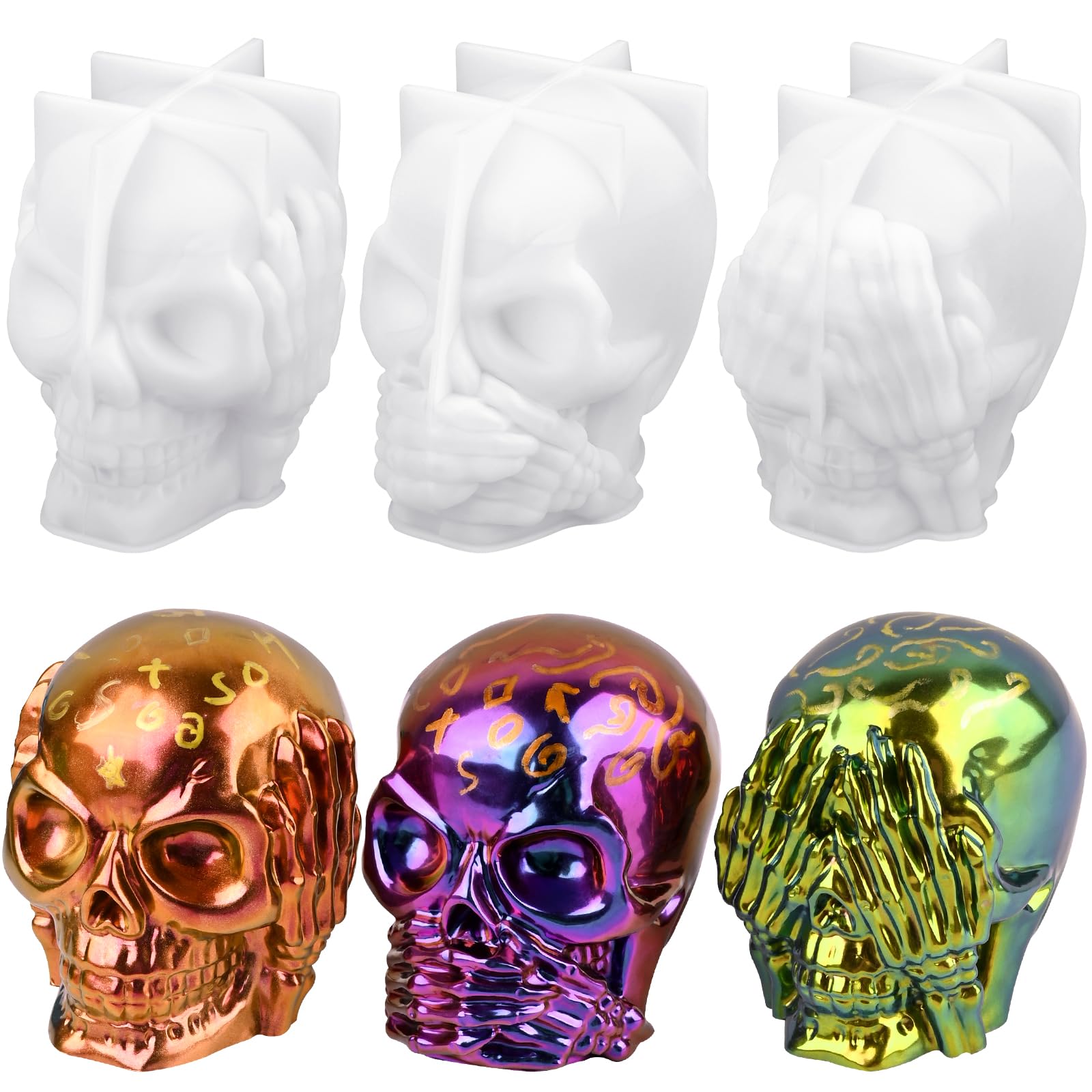Actvty Skull Resin Molds, 3 Pieces Hear-no, Speak-no, See-no Evil Skull Silicone Molds for Resin Casting, 3D Skull Epoxy Molds for DIY Resin Crafts, Halloween Home Decor, translucent