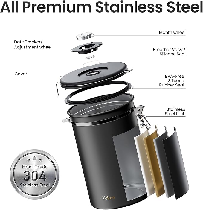Veken Coffee Canister,39OZ, 2.2lbs,Large Airtight Stainless Steel Container