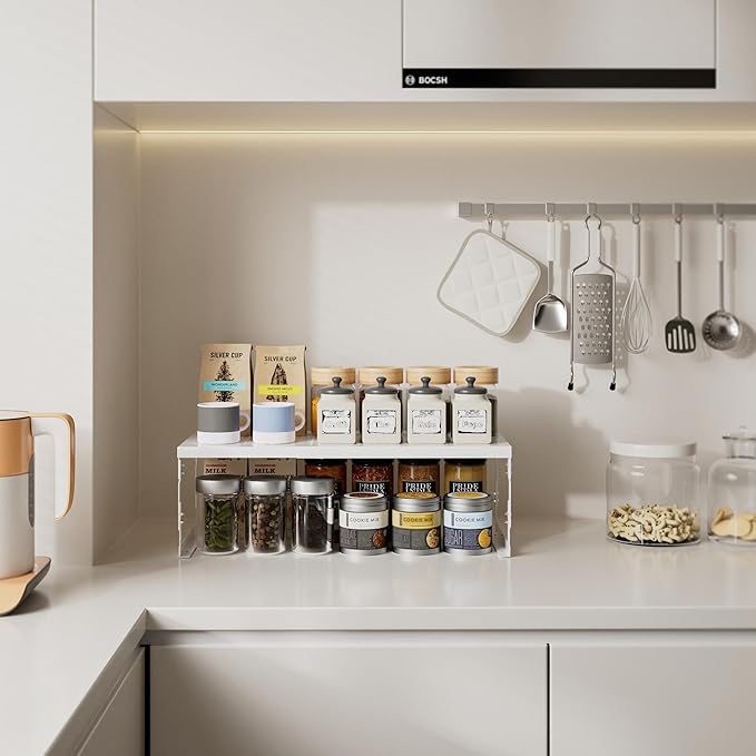 Asiingkel Stackable Expandable Metal Shelf Organizer - Adjustable Wire Storage Rack with Holes for Kitchen, Bathroom, Cabinet, Office - Space Saving, Durable & Sturdy Design（2PACKS/Medium/White