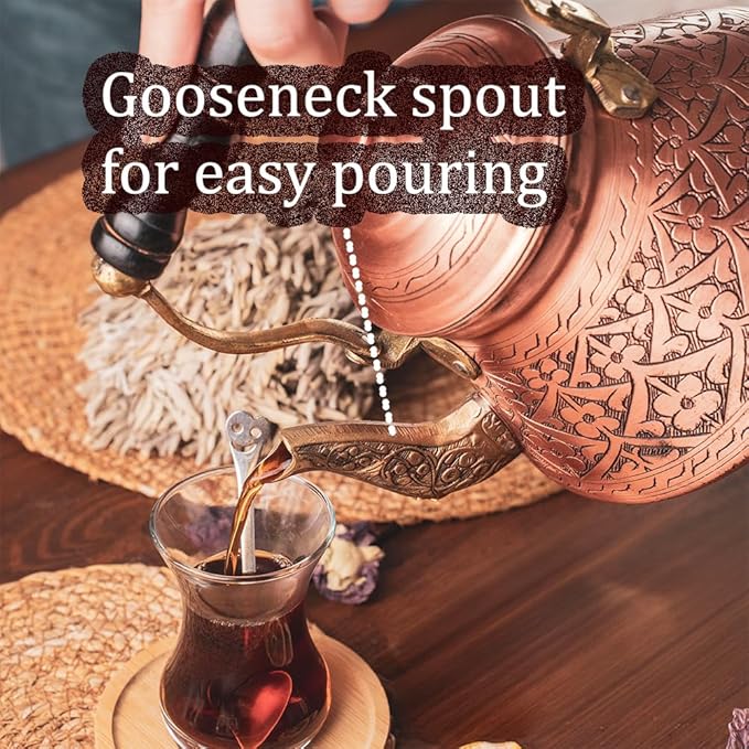 Vintage 100% Solid Pure Copper Turkish TeaPot Tea Pot Kettle for Stovetop Stove Top Traditional Decorative Fancy Arabic Moroccan Party Hammered Kitchen Antique Handmade Unique Style Gooseneck Gift