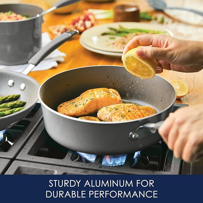 Rachael Ray Cucina Nonstick Cookware, Sea Salt Gray Pots and Pans Set, 12-Piece