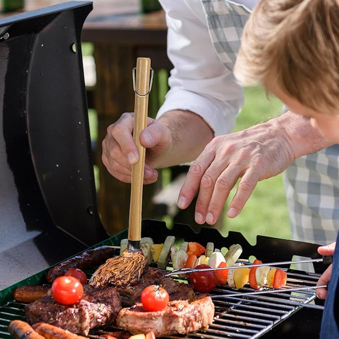 GEEKHOM BBQ Mop Brushes Wooden Handle: 18+14 Inch Long with 6 Cotton Replacement Heads for Basting Sauce Grilling & Smoking