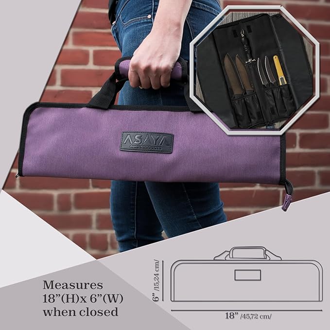 Asaya Chef Knife Roll Bag - 12-Pocket Chefs Case for Kitchen Knives and Utensils, Lightweight Stain-Resistant Waxed Nylon Chef Knife Bag - Knives Not Included (Purple)