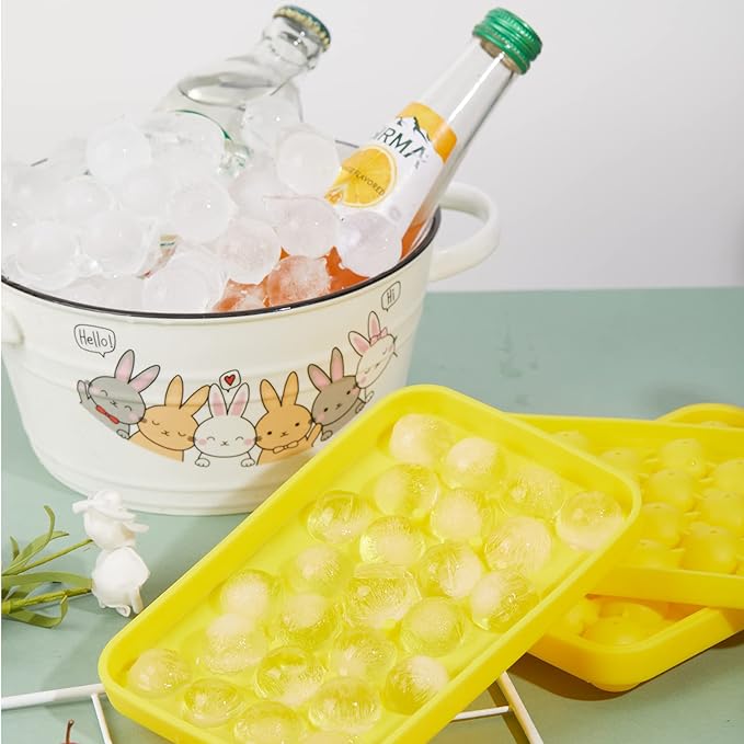 Obsoorth Round Ice Cube Tray 2 Pack BPA Free Silicone Flexible Easy Release 1.1 Inch x 50PCS Small Ice Ball Maker Mold for Whiskey, Cocktail, Chilling (Yellow)