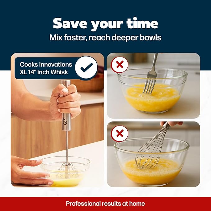 Stainless Steel Push-Down Rotary Egg Beater 14 Inch Hand Whisk Eggs & Milk